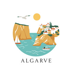Vector illustration of Algarve coast with boats, cliffs, white houses and seagull. Southern Portugal coastal scenery in modern flat design
