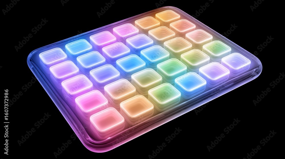 Poster a neon-lit grid of colorful, translucent square buttons arranged in a rectangular layout on a black 