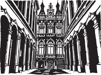 Street landscape, urban architecture, vintage, retro. Hand drawn vector illustration	
