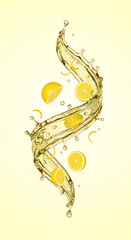 Swirling lemon juice splash with fresh citrus fruit. A vibrant and energetic flow of yellow liquid.