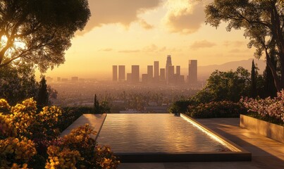 Panoramic cityscape view from a luxury pool deck at sunset. Lush gardens frame the tranquil scene