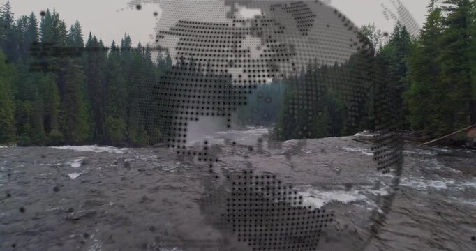 On start 3D globe rotating dissolving into dots revealing river gorge as rapids churn, mist rising