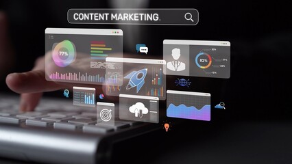 Fototapeta premium Content marketing interface with data dashboards, analytics charts, and content tools. Marketing success comes from content performance, content planning, and marketing optimization. Muxer