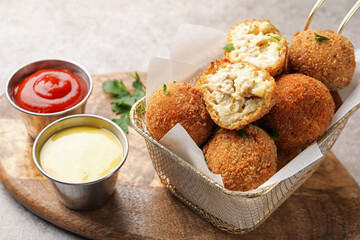 Delicious fried croquette balls with parsley and sauces on grey textured table, closeup