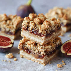 A stack of fig bars with crumb topping and fresh figs on a textured surface
