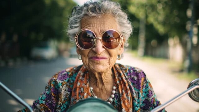 Coole Oma, Rentnerin f&auml;hrt mit einem Motorrad durch die Gegend, Generative AI