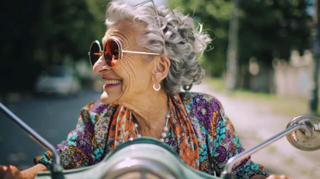 Coole Oma, Rentnerin f&auml;hrt mit einem Motorrad durch die Gegend, Generative AI