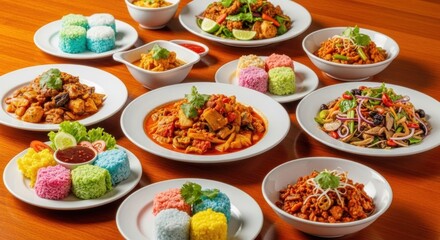 Fototapeta premium Colorful Thai Cuisine: A Feast of Dishes with Rainbow Sticky Rice Cakes