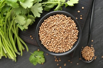 Coriander seeds in bowl, spoon and fresh cilantro leaves on dark textured table, flat lay
