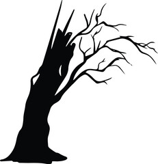 A stark black silhouette of a dead, bare tree with twisted branches, isolated on a white background