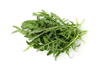 Fresh ripe green arugula leaves isolated on white, top view