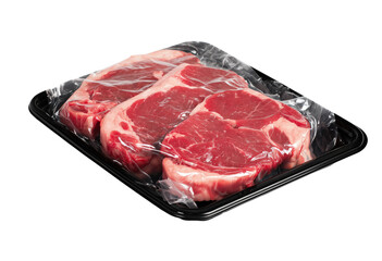 Raw beef steaks in plastic tray with cling film isolated on transparent background.