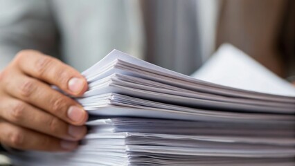 A hand holds a thick stack of paperwork, suggesting business or administrative tasks in a focused environment.
