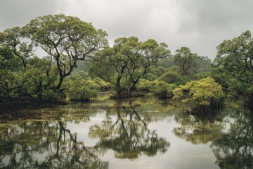 Lush green forest canopy reflected in calm water under a cloudy sky