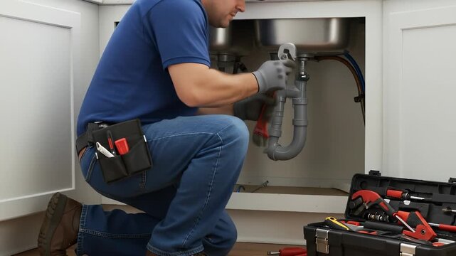 Plumber in Jeans and Blue Shirt Repairs Kitchen Sink with Pipe Wrench
