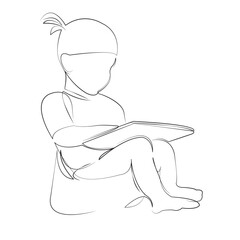 One continuous line drawing on white isolated background. Minimalism linear illustration. child, girl, sitting, childhood, baby, little, person, tablet, potty, education