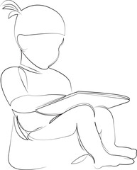 One continuous line drawing on white isolated background. Minimalism linear illustration. child, girl, sitting, childhood, baby, little, person, tablet, potty, education