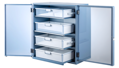 storage cabinet,  for medical supplies or tools, given the multiple drawers or trays inside