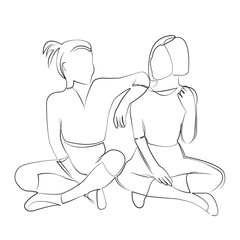 One continuous line drawing on white isolated background. Minimalism linear illustration. friendship, sitting, talking, woman, lifestyle, adult, communication, female, cheerful