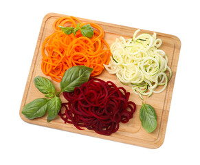 Different vegetable noodles with basil isolated on white, top view. Vegetarian dish