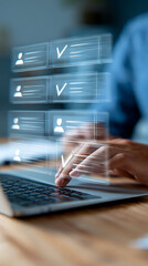 Person interacting with digital checklist on laptop hand keyboard