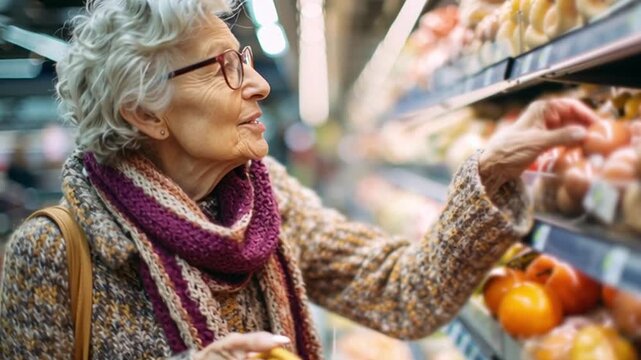 Seniorin, alte Frau beim Einkaufen im Supermarkt, Generative AI