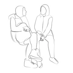 One continuous line drawing on white isolated background. Minimalism linear illustration. person, discussion, indoor, office, business, adult, sitting, man, colleague