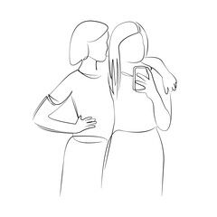One continuous line drawing on white isolated background. Minimalism linear illustration. friendship, communication, woman, mobile phone, talking, happiness, fun