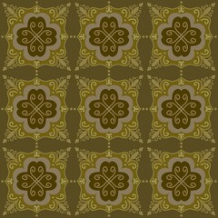 Seamless Vintage Tile Pattern in Olive Green and Brown, Retro Floral Ornament with Khaki Accents, Classic Ceramic Design for Interior.