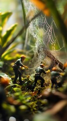Tiny Workers Inspecting a Giant Spider Web