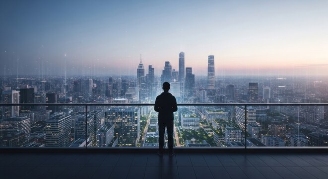 Contemplative silhouette overlooking a futuristic cityscape at dusk, connected by digital network - Powered by Adobe