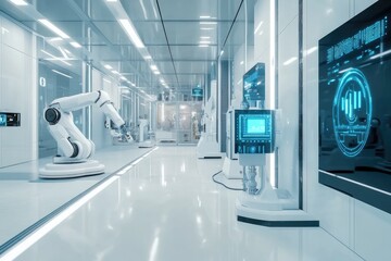 Modern, sterile factory hallway with automated arms and displays