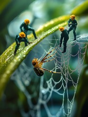 Tiny Workers Inspecting a Giant Spider Web