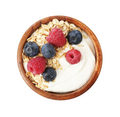 Tasty yogurt with granola and berries in bowl isolated on white