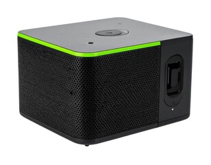 Obraz premium Modern black cube device with green accent isolated on white background