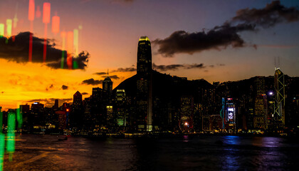 A city skyline at sunset featuring softly blurred skyscrapers to evoke a dreamy atmosphere, with an economic chart overlaid on the background. Economic background