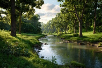 Serene woodland stream flowing through lush greenery under a bright sunlit sky