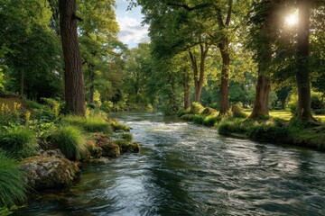 Obraz premium Sunlight filters through lush green trees illuminating a flowing stream in a serene natural landscape
