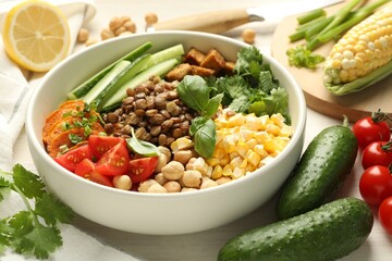 Healthy vegetarian food. Delicious Buddha bowl and ingredients on light wooden table, closeup