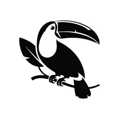 Fototapeta premium Toucan Bird Silhouette Sitting on Branch, Exotic Tropical Wildlife, Jungle Animal, Black and White Vector Illustration for Micro Stock Market and Design.