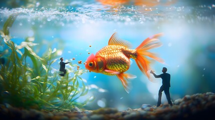 Tiny Boy Feeding Giant Goldfish in Aquarium