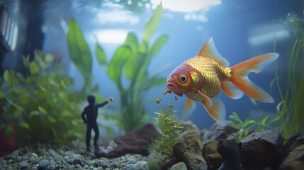 Tiny Boy Feeding Giant Goldfish in Aquarium