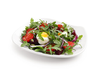 Tasty salad with arugula, vegetables, egg and seeds isolated on white