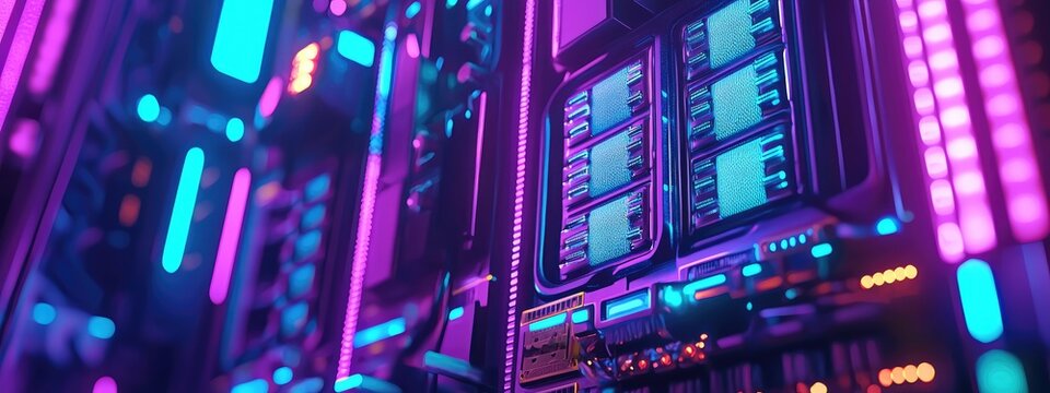 Futuristic, neon-lit server rack.  Close-up view of glowing components