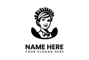 Smiling Woman in Retro Headwear and Bow Tie Logo Design.