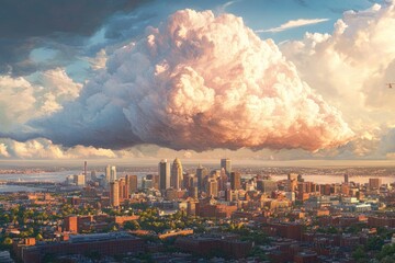 Obraz premium Vast city skyline beneath a colossal, pastel-hued cloud