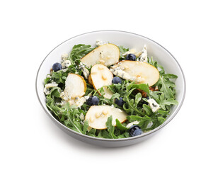 Tasty salad with arugula, pear, blue cheese, peanuts and blueberries in bowl isolated on white