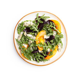 Tasty salad with arugula, blue cheese and vegetables isolated on white, top view