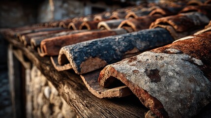 Close-up of weathered terracotta roof tiles (1)