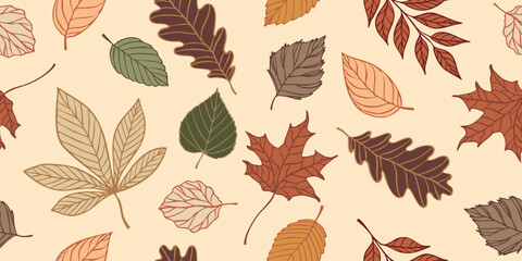 Seamless vector pattern with colorful autumn leaves on beige background in hand drawn style